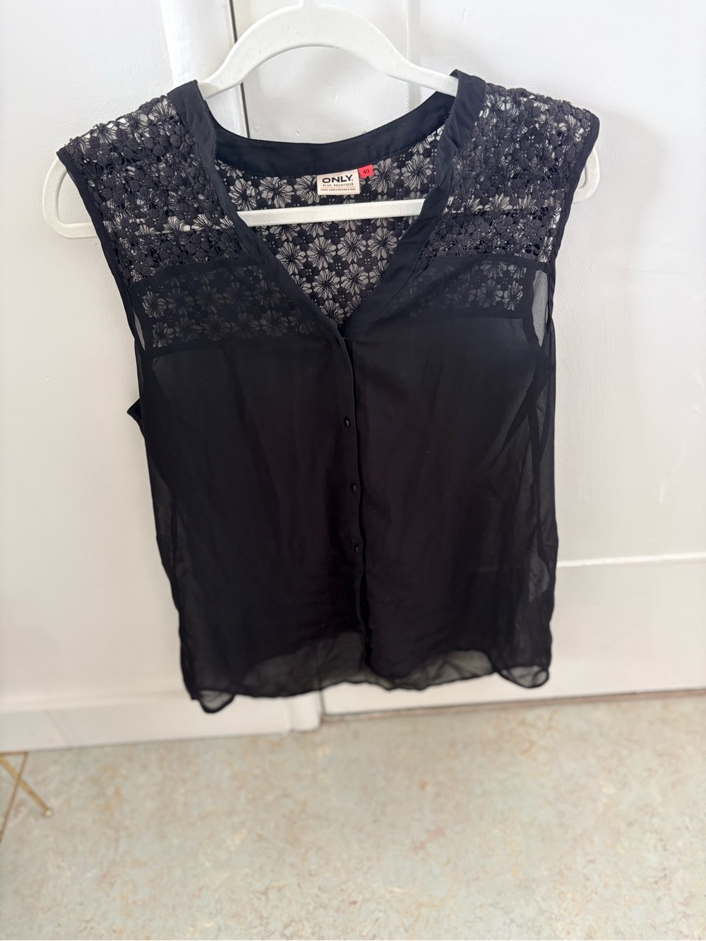 Vintage Black Sleeveless Lace Yoke Button-Front Sheer Top